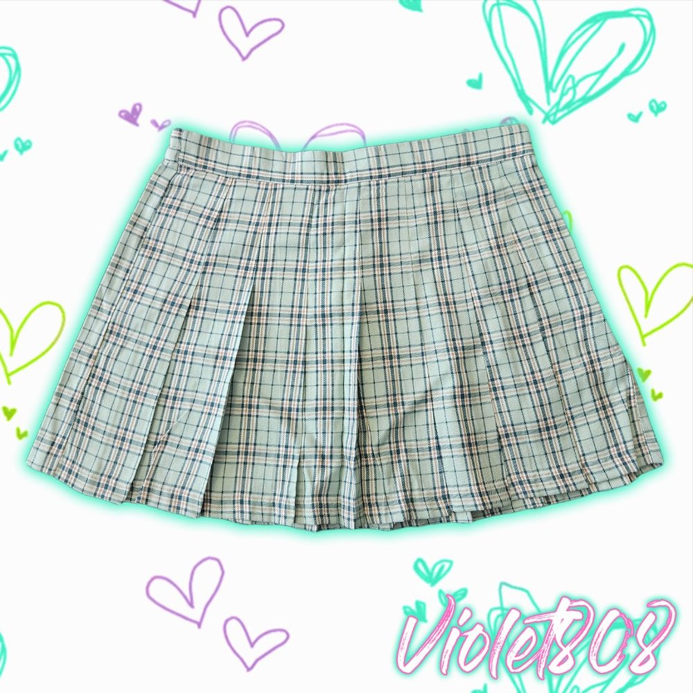 [L] Ardene Green/Cream Pleated Plaid/Tartan Mini School Uniform Skirt